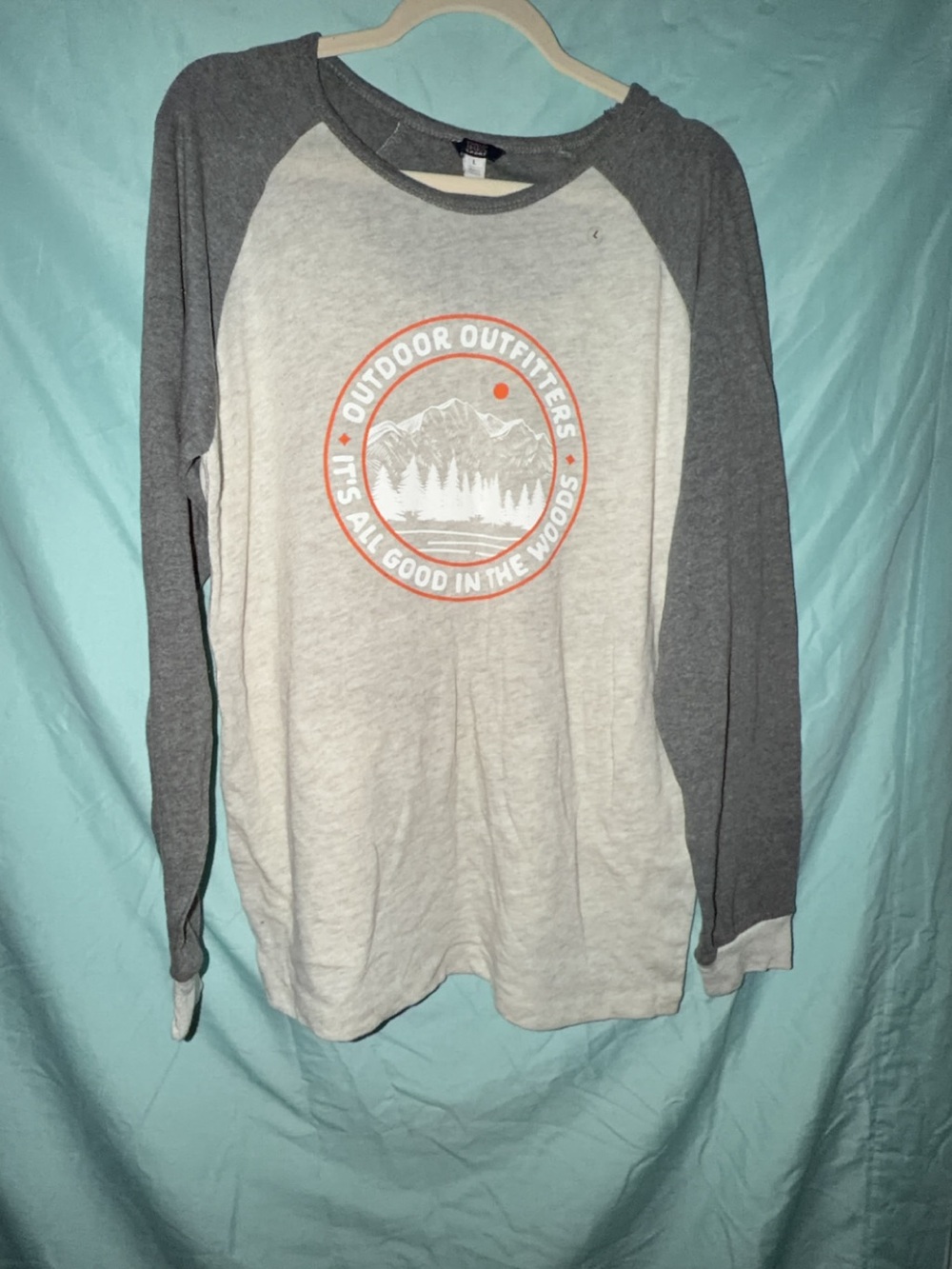MV Sport Long Sleeve Raglan Tee in Gray and Cream with Outdoor Graphic